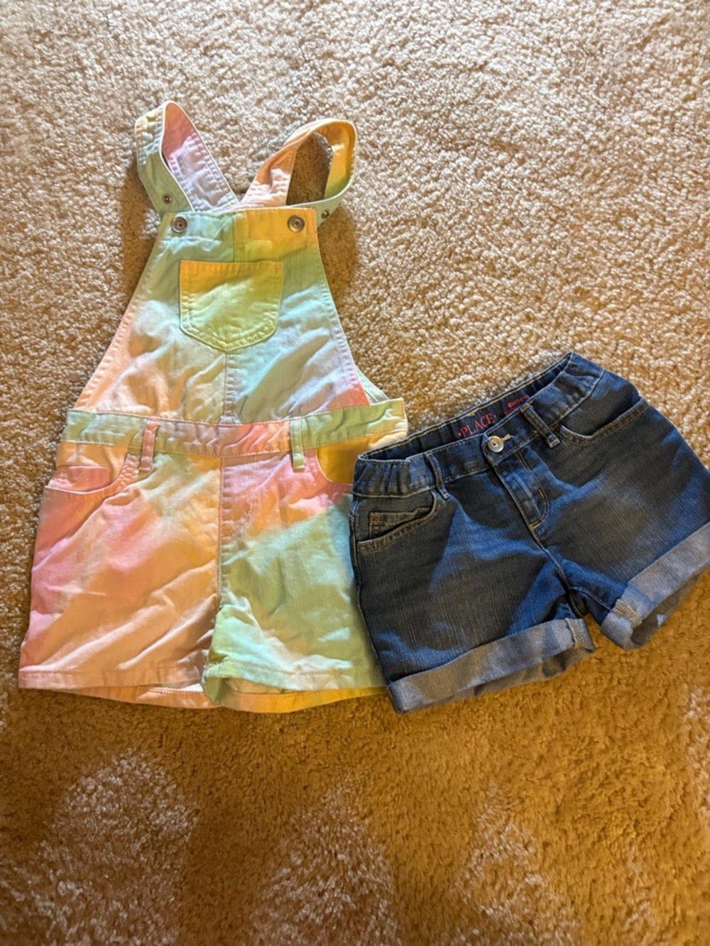 Children’s Place Girls' Tie-Dye Overall Shorts and Denim Shorts Set (6x/7)